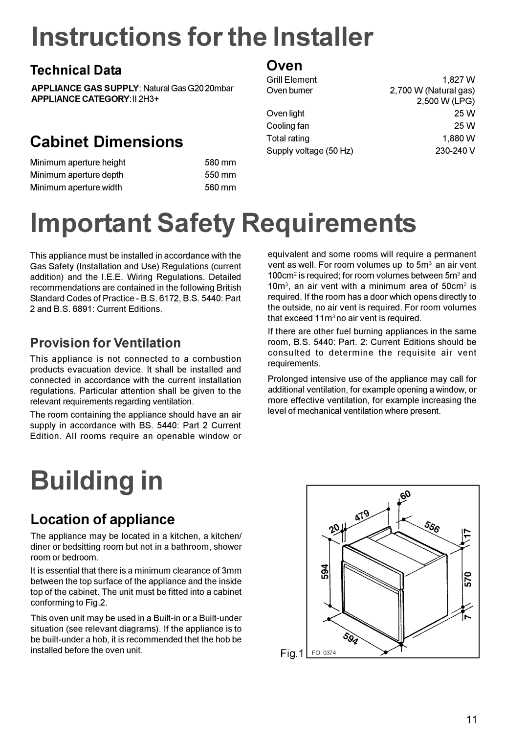 Electrolux EPSOG Instructions for the Installer, Important Safety Requirements, Building, Oven, Location of appliance 