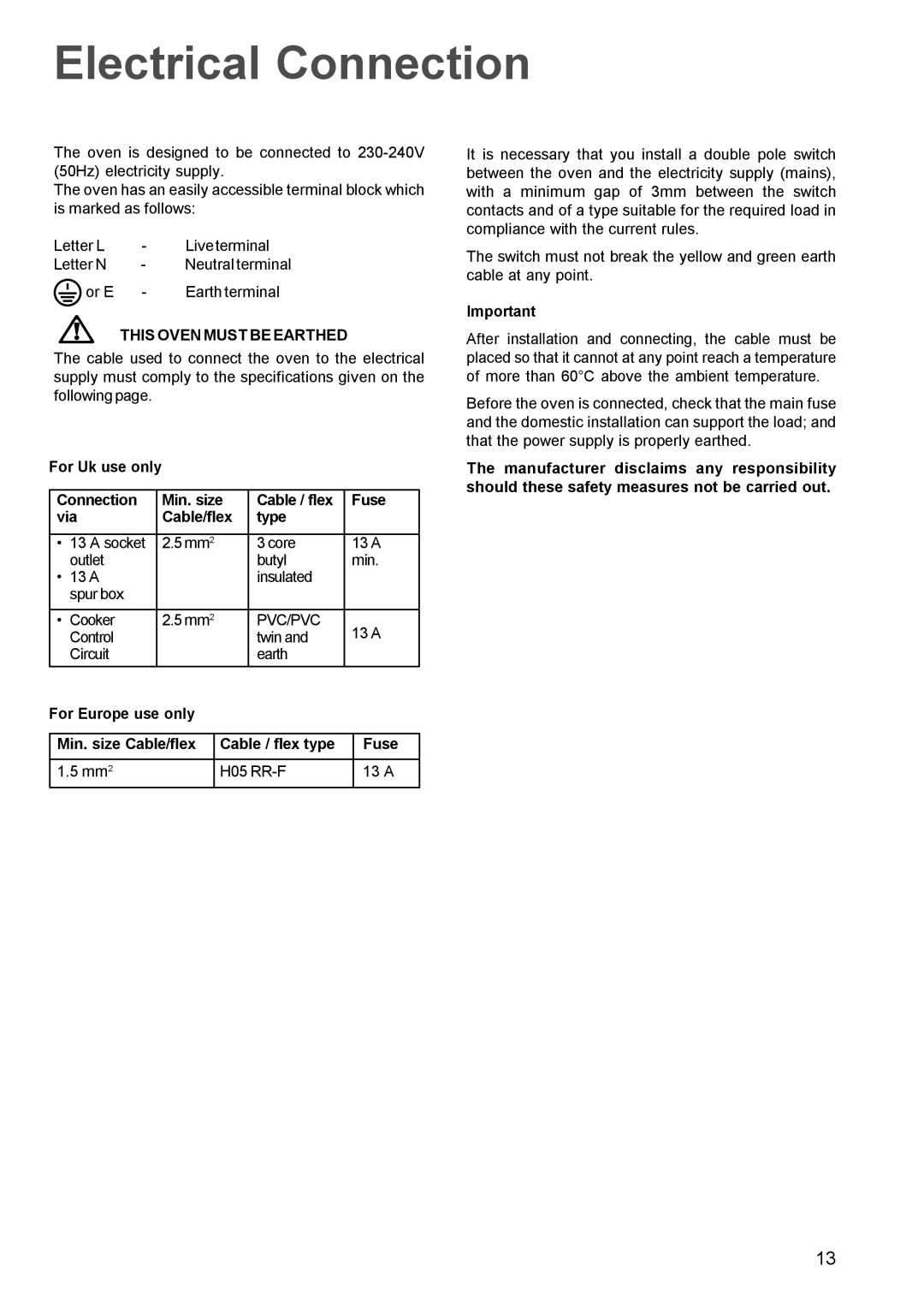 Electrolux EPSOG manual Electrical Connection, This Oven Must be Earthed, Pvc/Pvc 