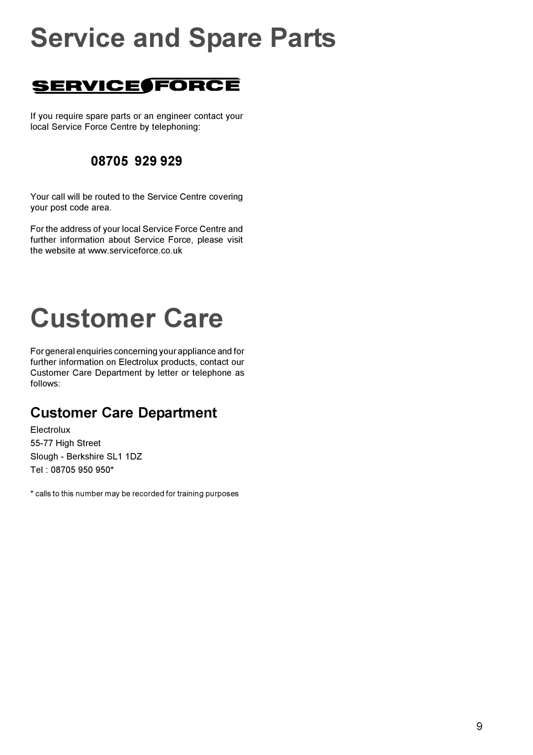 Electrolux EPSOG manual Service and Spare Parts, Customer Care Department 