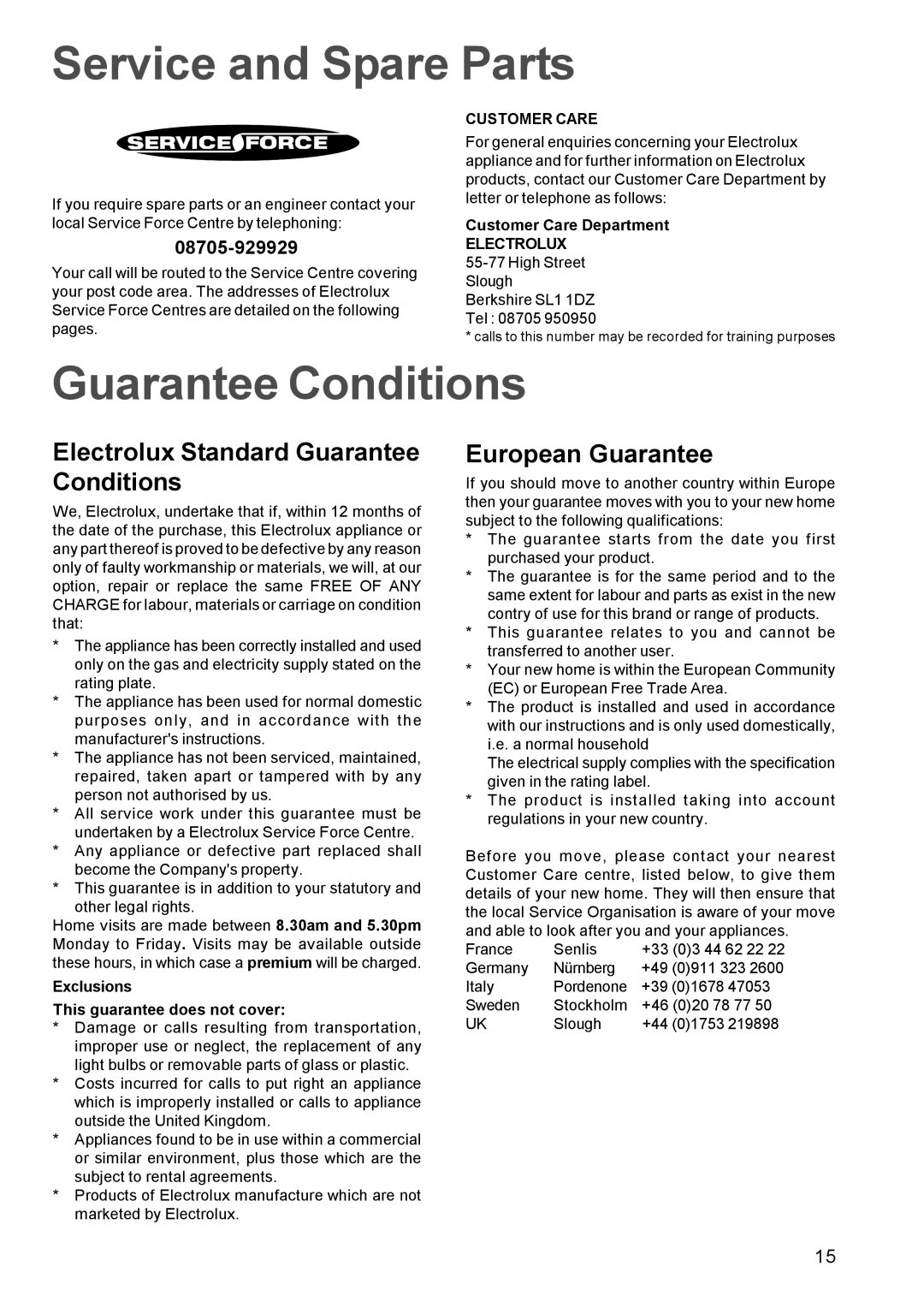 Electrolux EPSOM manual Service and Spare Parts, Electrolux Standard Guarantee Conditions, European Guarantee 