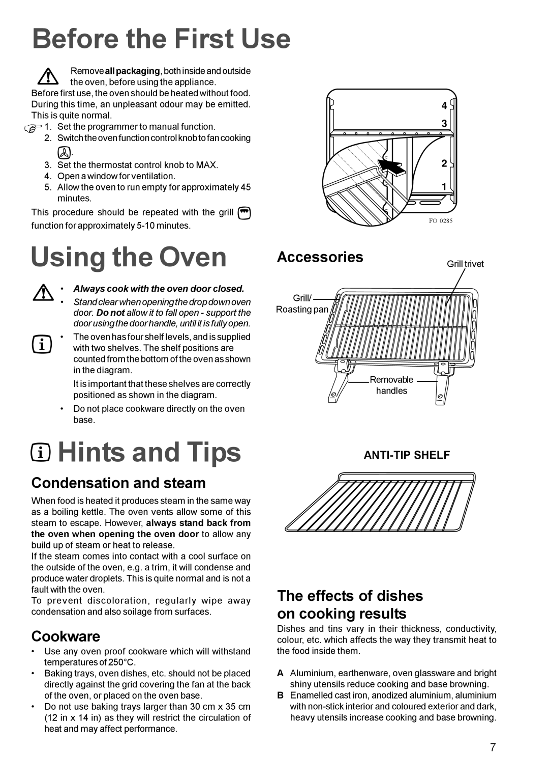 Electrolux EPSOM manual Before the First Use, Using the Oven, Hints and Tips 