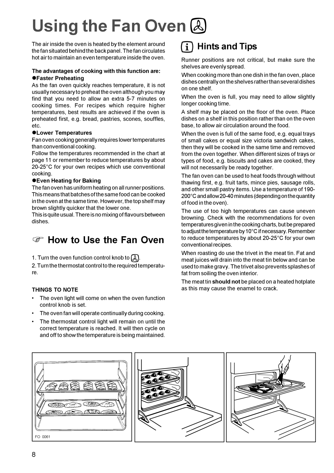 Electrolux EPSOM manual Using the Fan Oven, Hints and Tips, Things to Note 