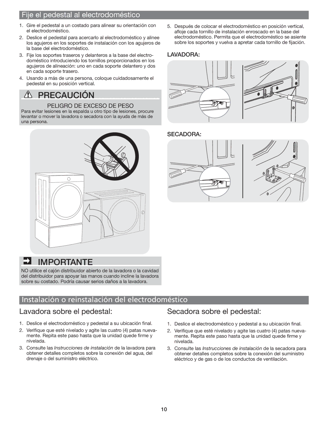 Electrolux EPWD15SS Fije el pedestal al electrodoméstico, Instalación o reinstalación del electrodoméstico 