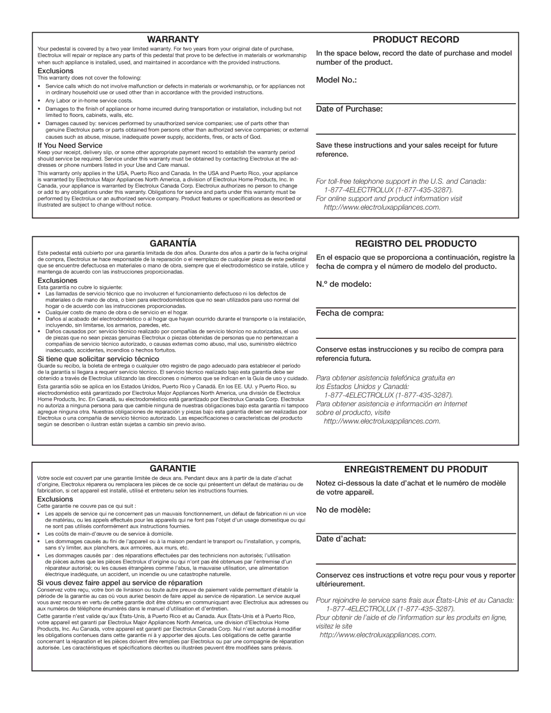 Electrolux EPWD15SS installation instructions Warranty Product Record 