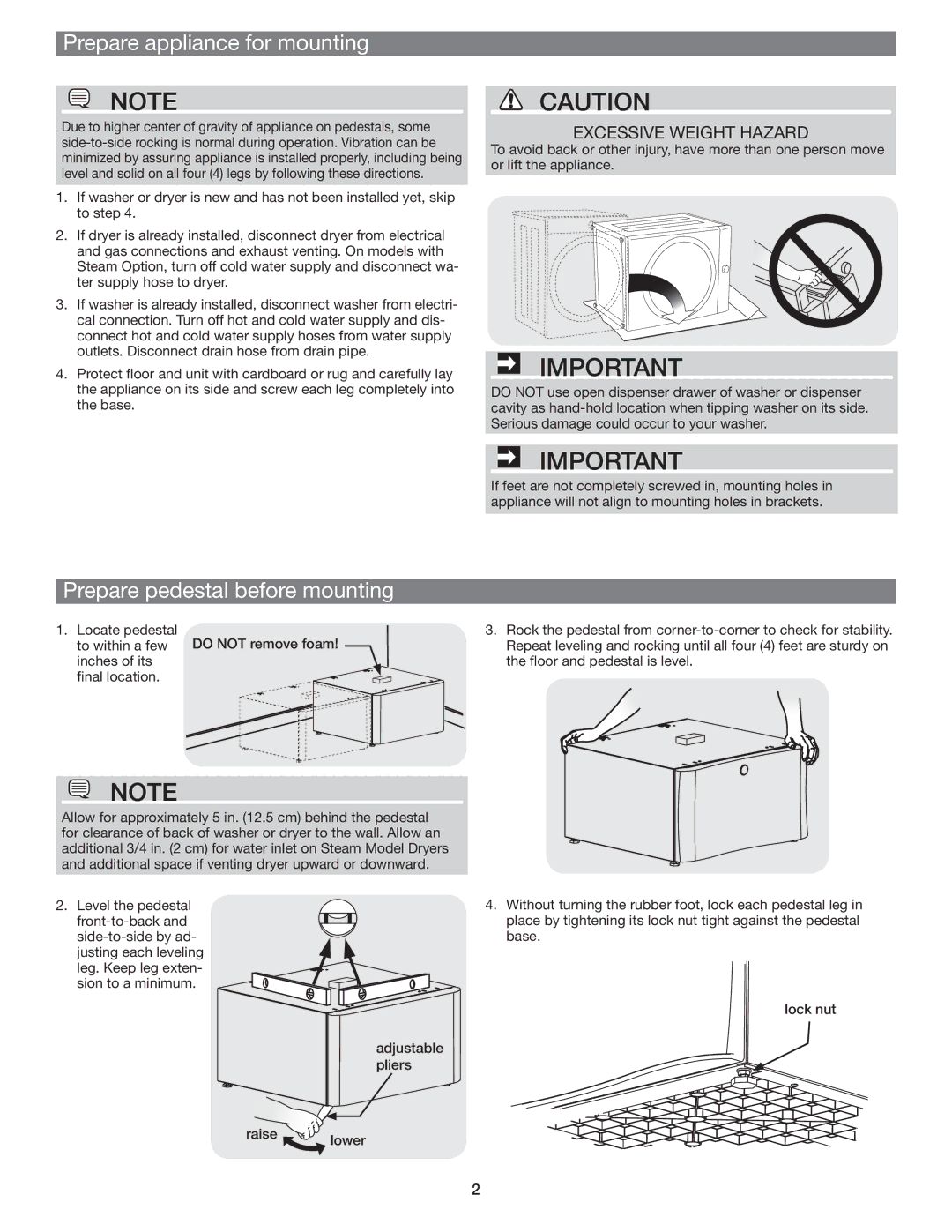 Electrolux EPWD15SS installation instructions Prepare appliance for mounting, Prepare pedestal before mounting 