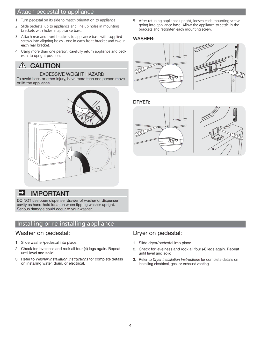 Electrolux EPWD15SS Attach pedestal to appliance, Installing or re-installing appliance, Washer on pedestal 