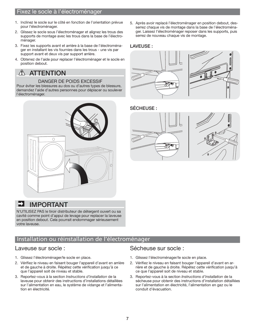 Electrolux EPWD15SS Fixez le socle à l’électroménager, Installation ou réinstallation de l’électroménager 