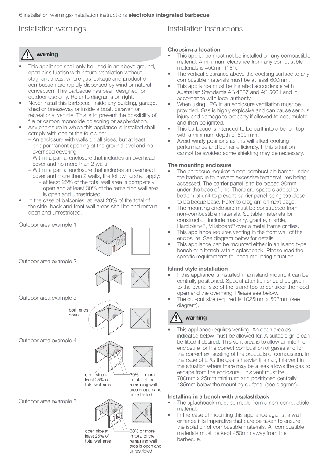 Electrolux EQBL100AS user manual Installation warnings, Choosing a location, Mounting enclosure, Island style installation 