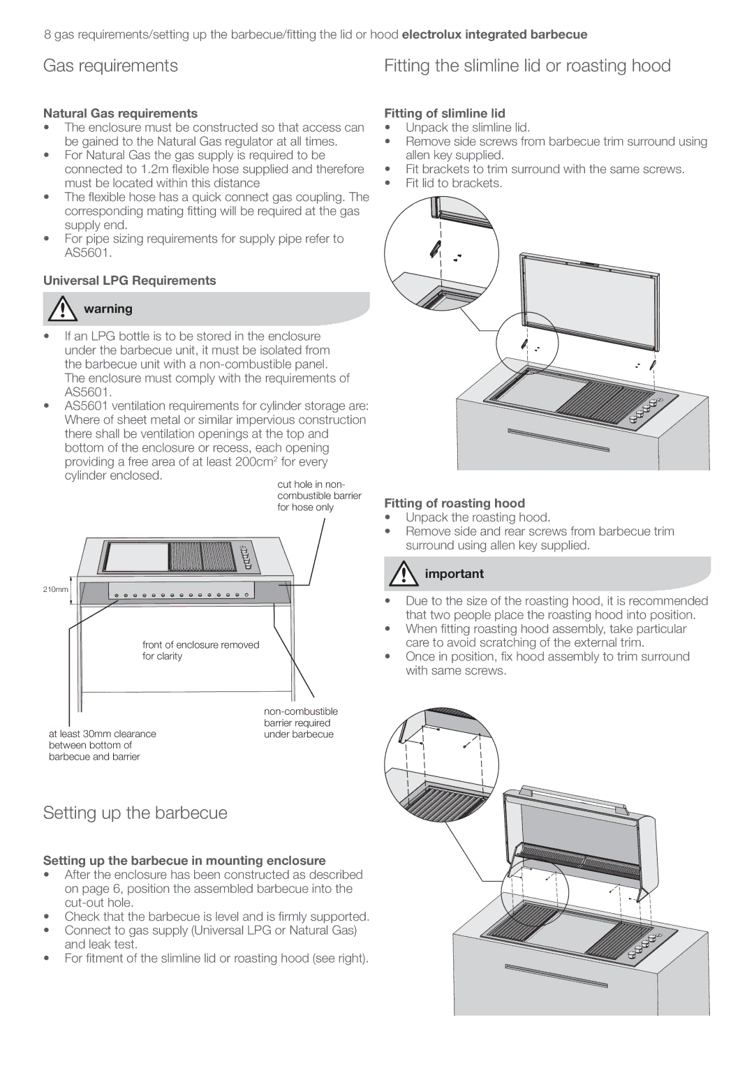 Electrolux EQBL100AS user manual Gas requirements Fitting the slimline lid or roasting hood, Setting up the barbecue 