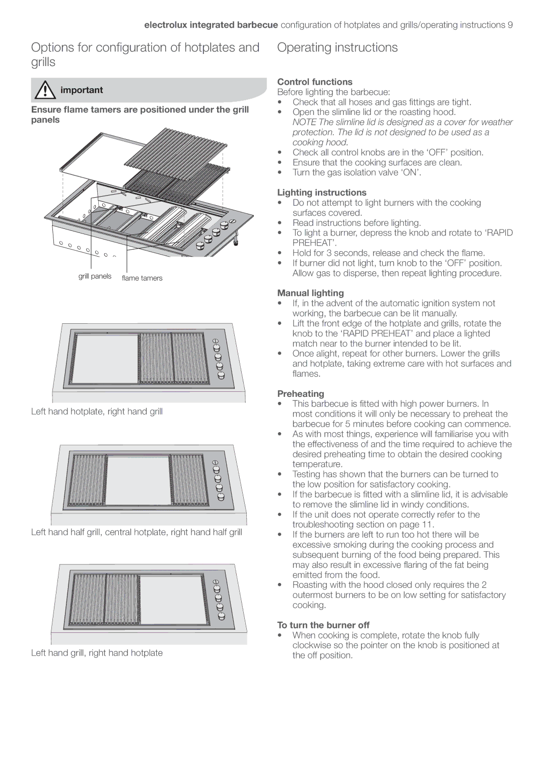 Electrolux EQBL100AS user manual Options for conﬁguration of hotplates and grills, Operating instructions 