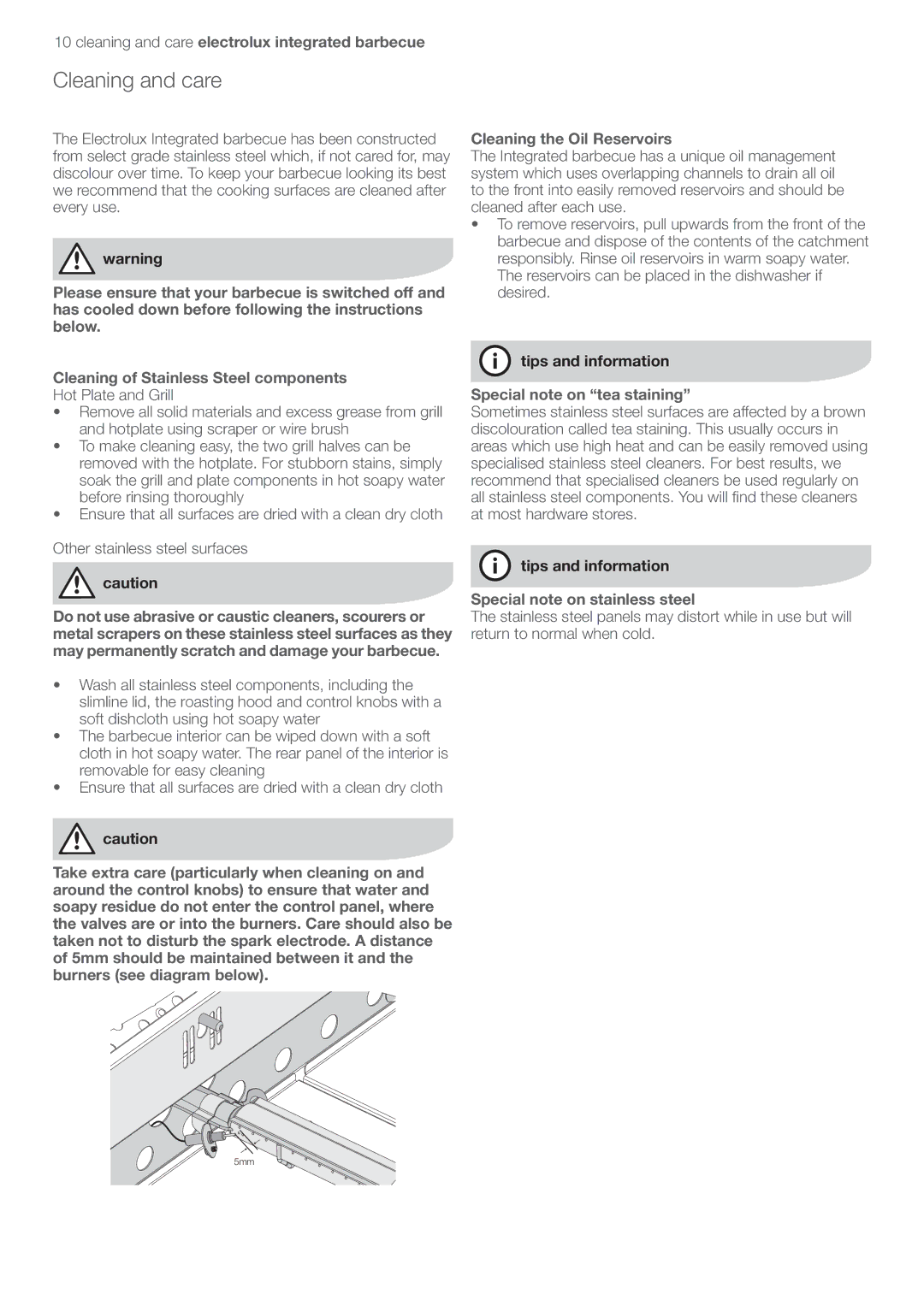 Electrolux EQBL100AS user manual Cleaning and care electrolux integrated barbecue, Cleaning the Oil Reservoirs 