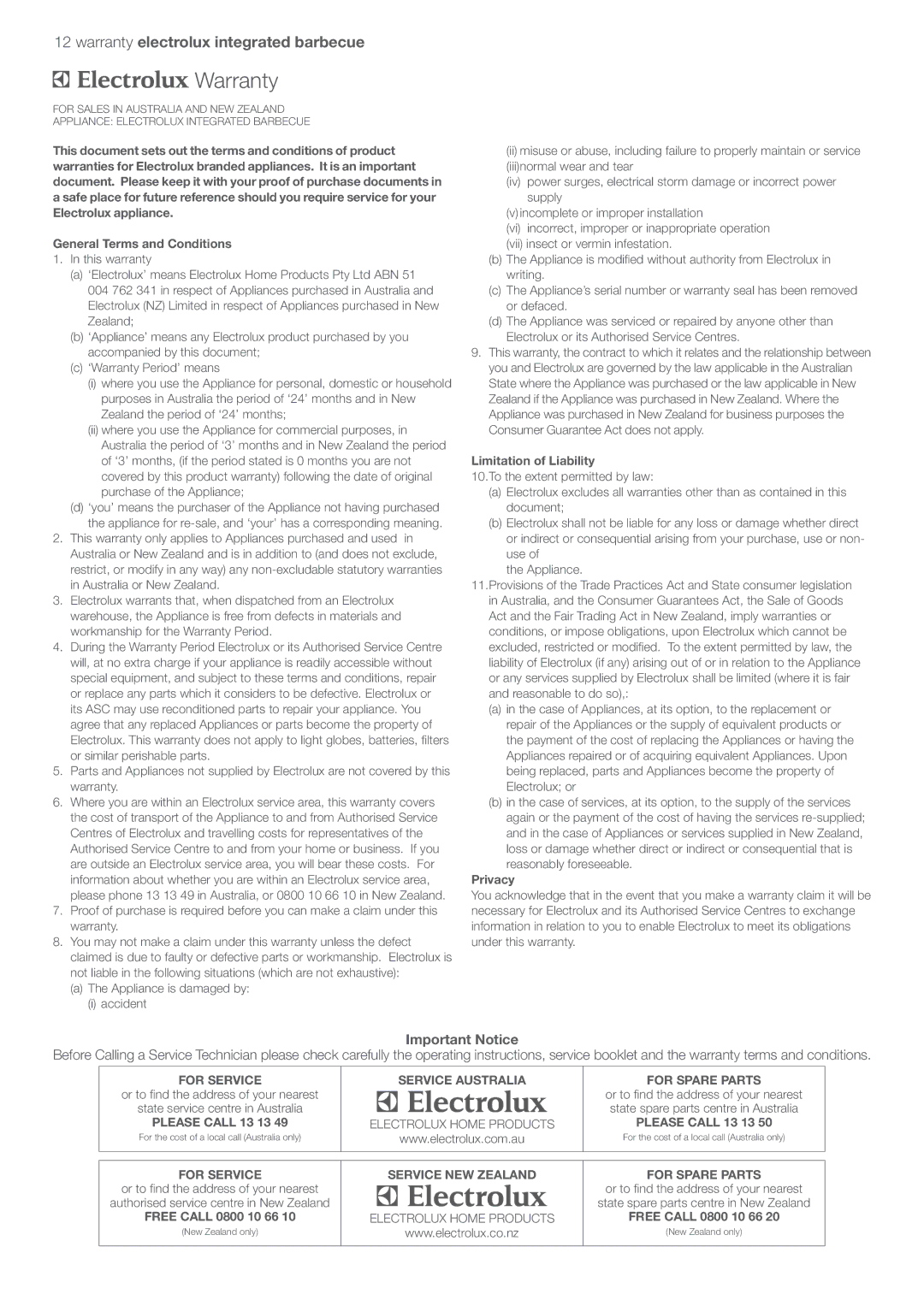 Electrolux EQBL100AS user manual Warranty electrolux integrated barbecue 