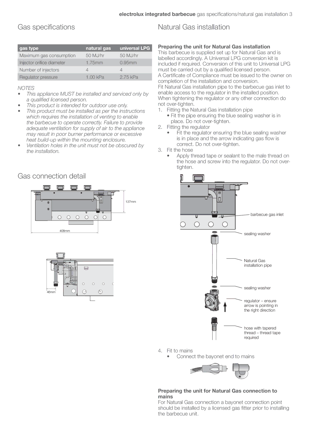 Electrolux EQBL100AS user manual Gas speciﬁcations, Gas connection detail, Preparing the unit for Natural Gas installation 