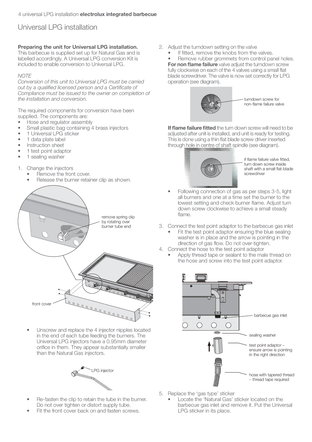 Electrolux EQBL100AS user manual Universal LPG installation electrolux integrated barbecue 