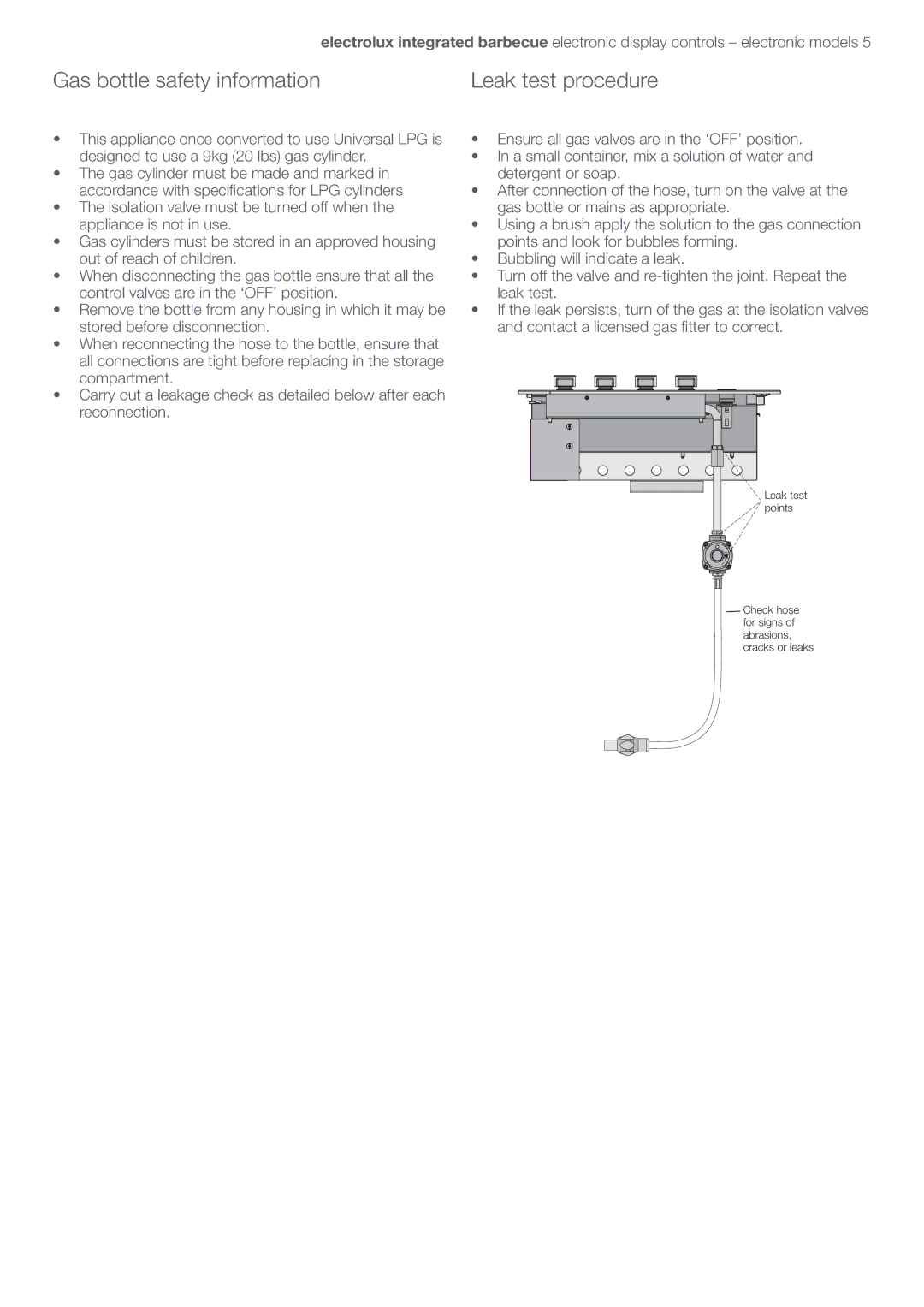 Electrolux EQBL100AS user manual Gas bottle safety information Leak test procedure 