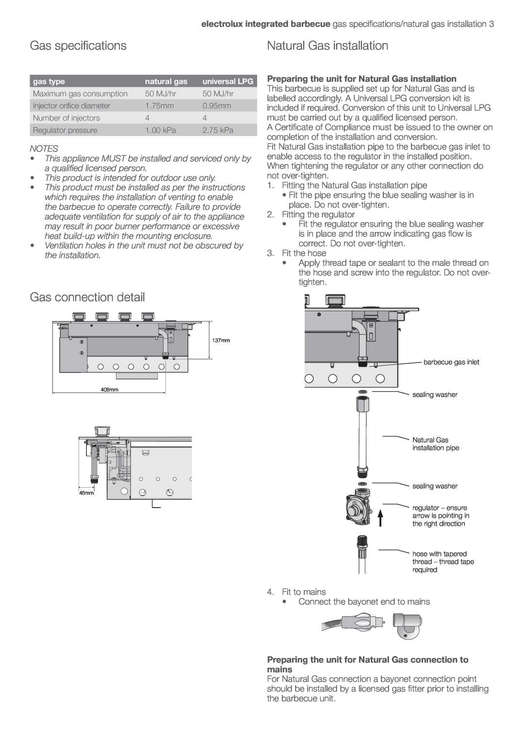 Electrolux EQBL100AS user manual Gas speciﬁcations, Gas connection detail, Natural Gas installation 