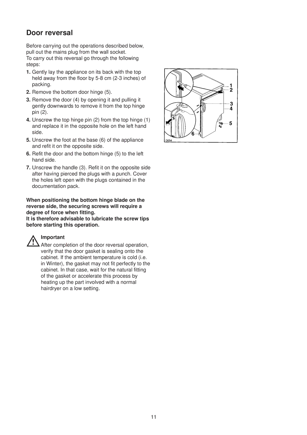 Electrolux ER 1626 T manual Door reversal 