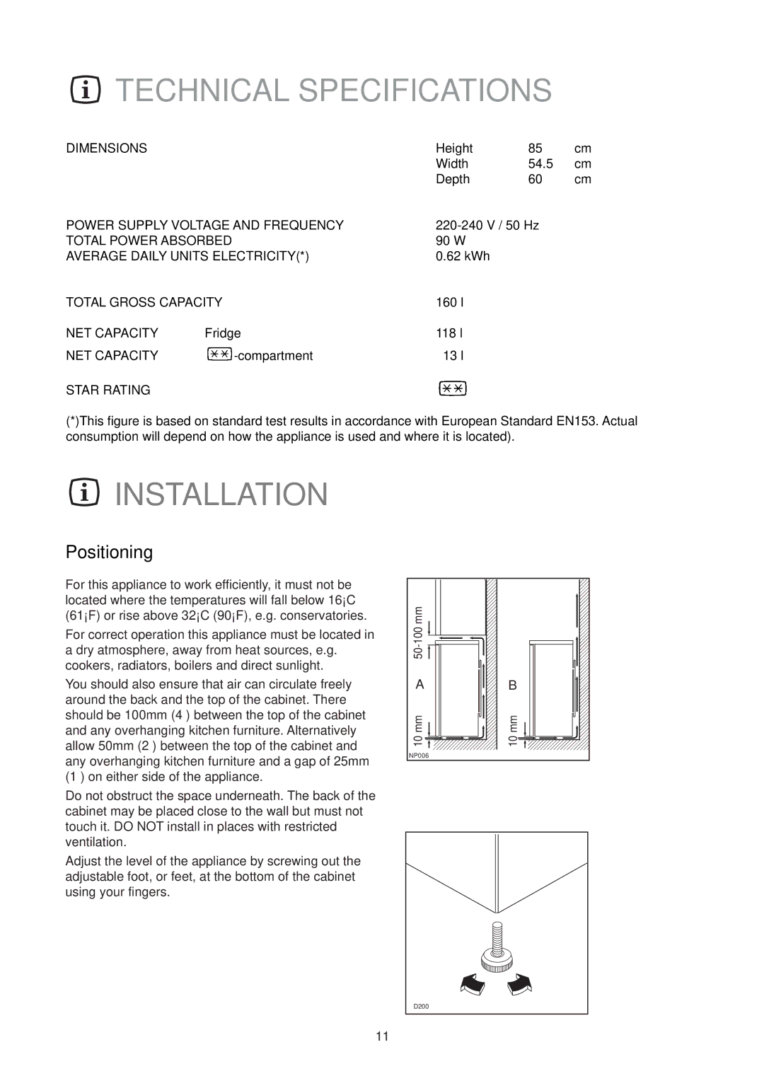 Electrolux ER 1627T manual Technical Specifications, Installation, Positioning 
