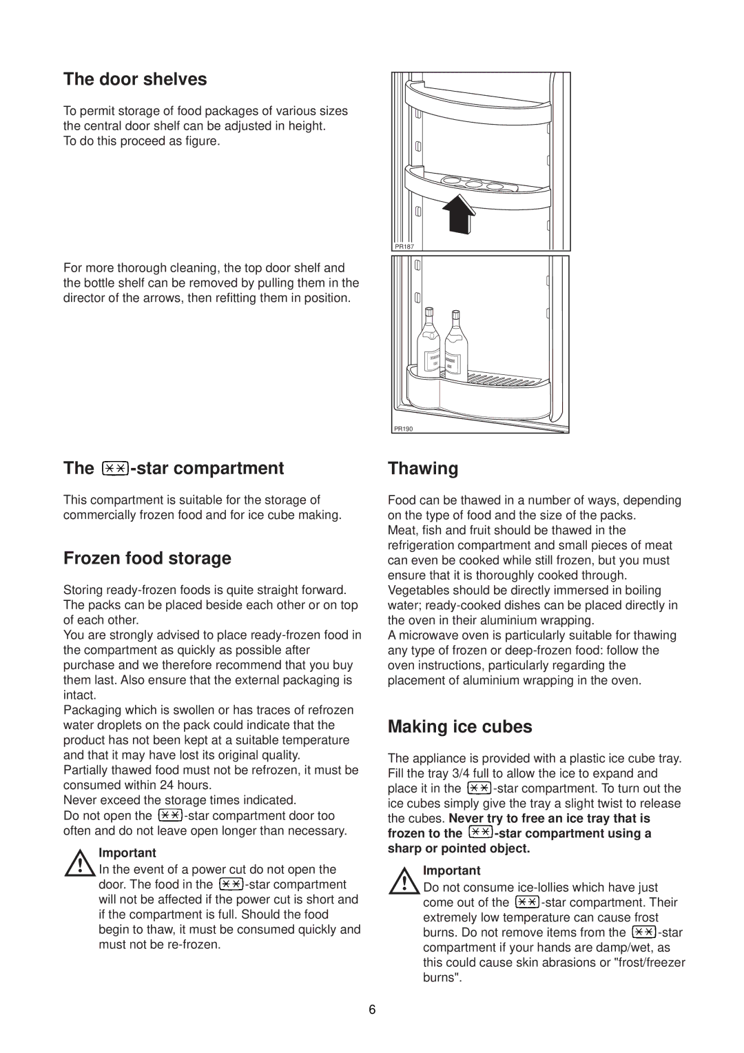 Electrolux ER 1627T manual Door shelves, star compartment, Frozen food storage, Making ice cubes 
