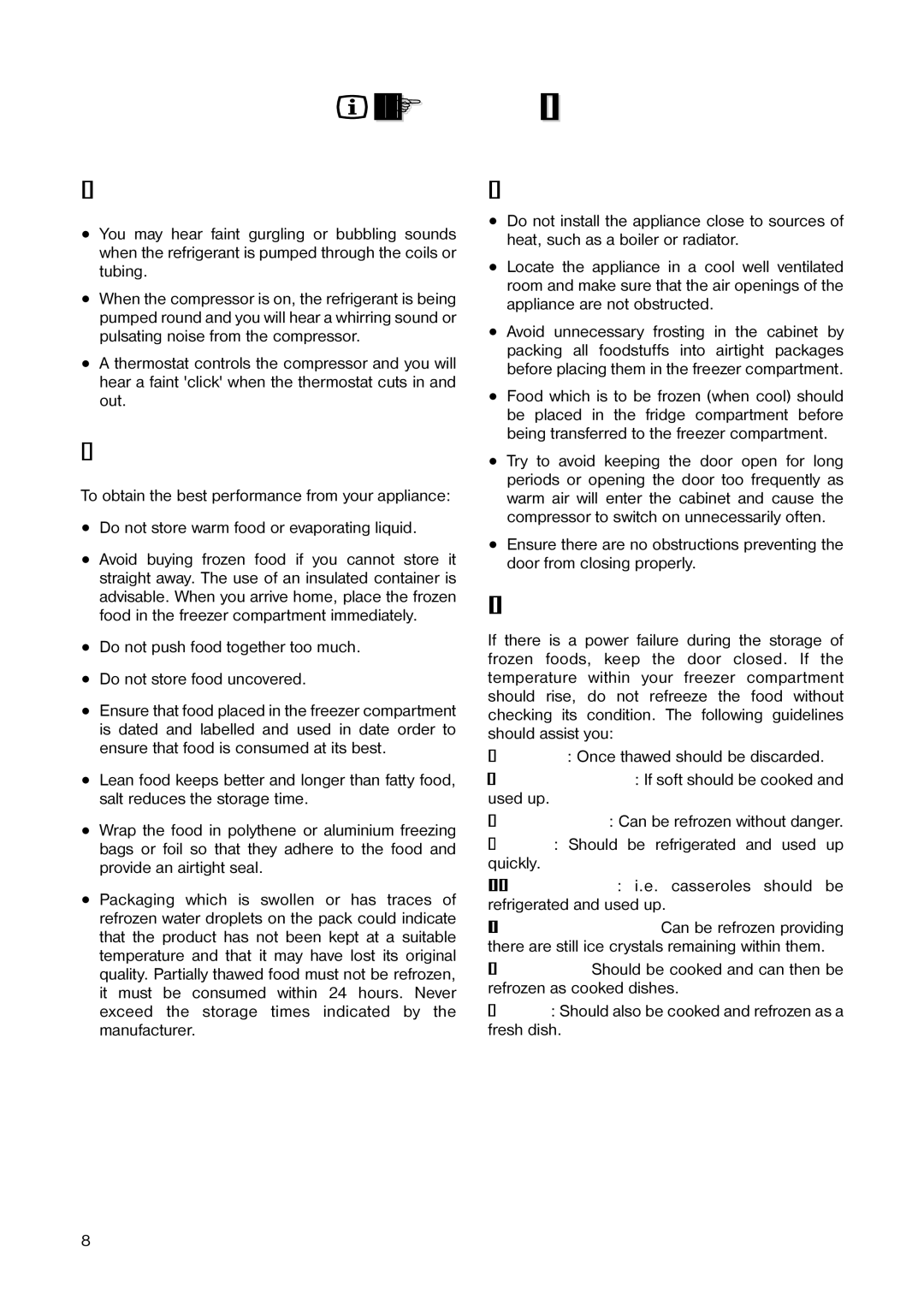 Electrolux ER 1643 T Hints & Tips, Normal Operating Sounds, Food Storage, Energy Saving Advice, Event of a Power Failure 