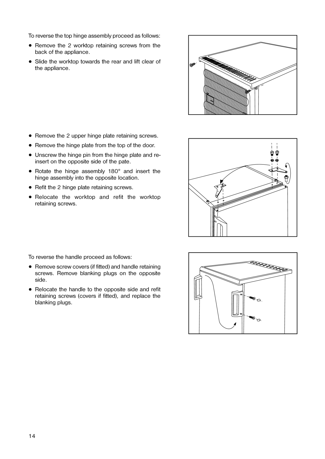 Electrolux ER 1643 T manual To reverse the top hinge assembly proceed as follows 