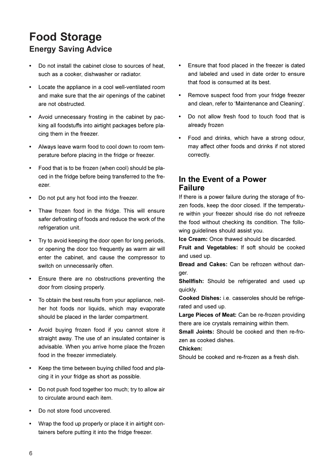 Electrolux ER 3161 BNN, ER 3166 BN, ER 2866 BN manual Food Storage, Energy Saving Advice, Event of a Power Failure 
