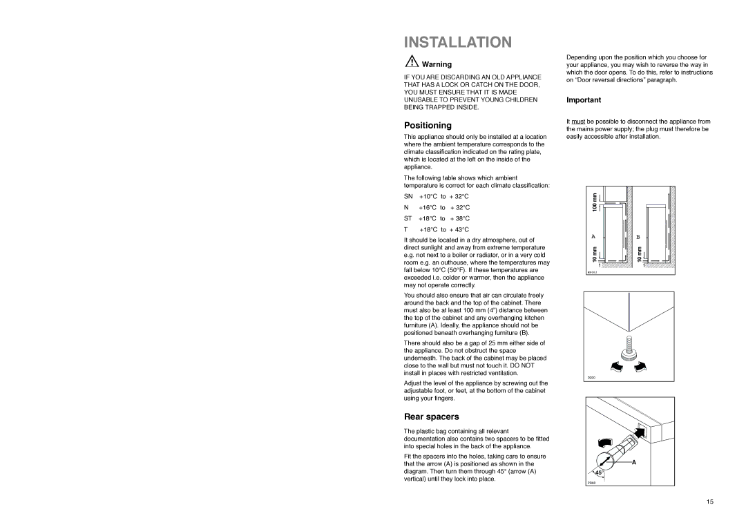 Electrolux ER 3825 B manual Installation, Positioning, Rear spacers 