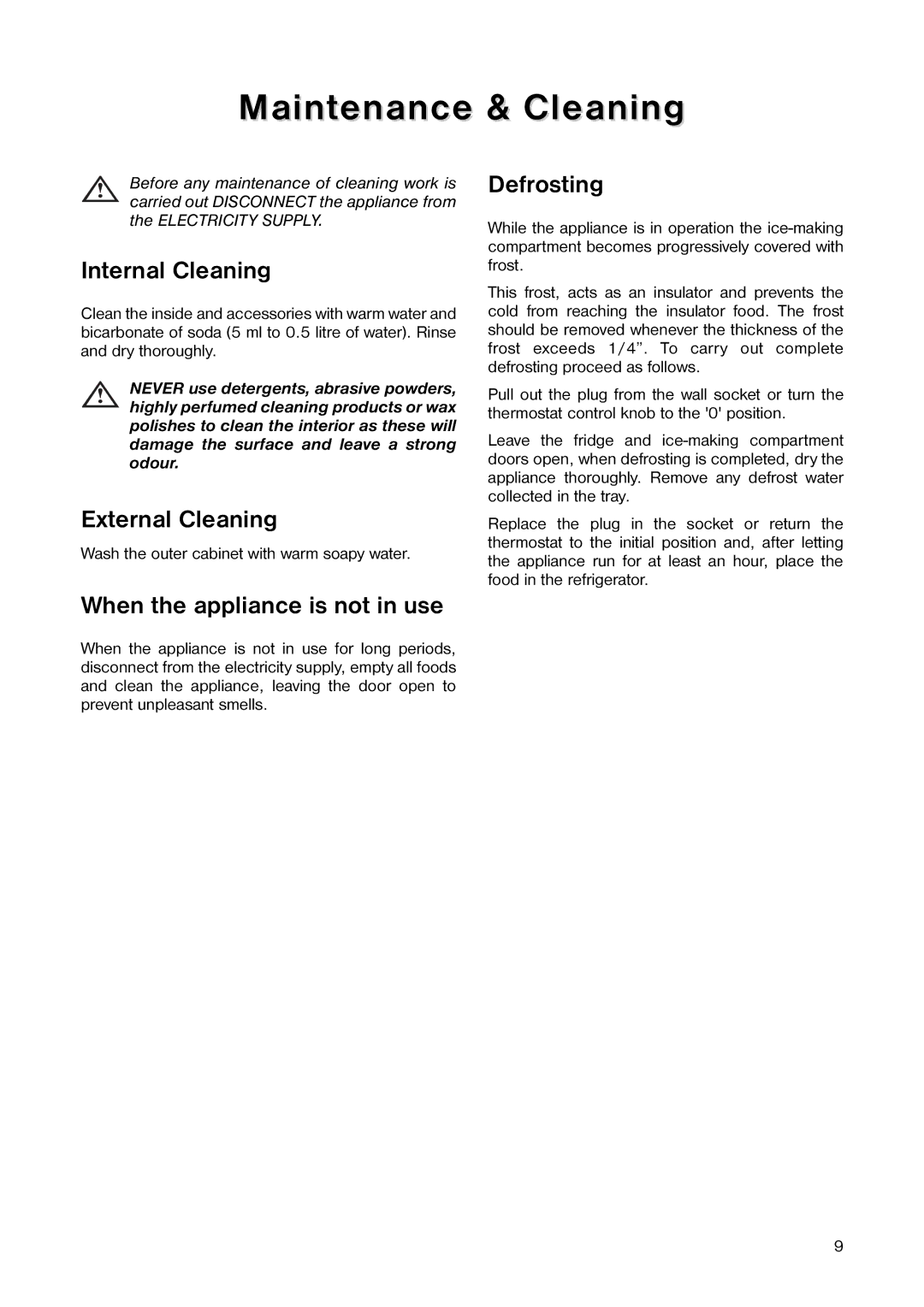 Electrolux ER 5763 C manual Maintenance & Cleaning, Internal Cleaning, External Cleaning, Defrosting 