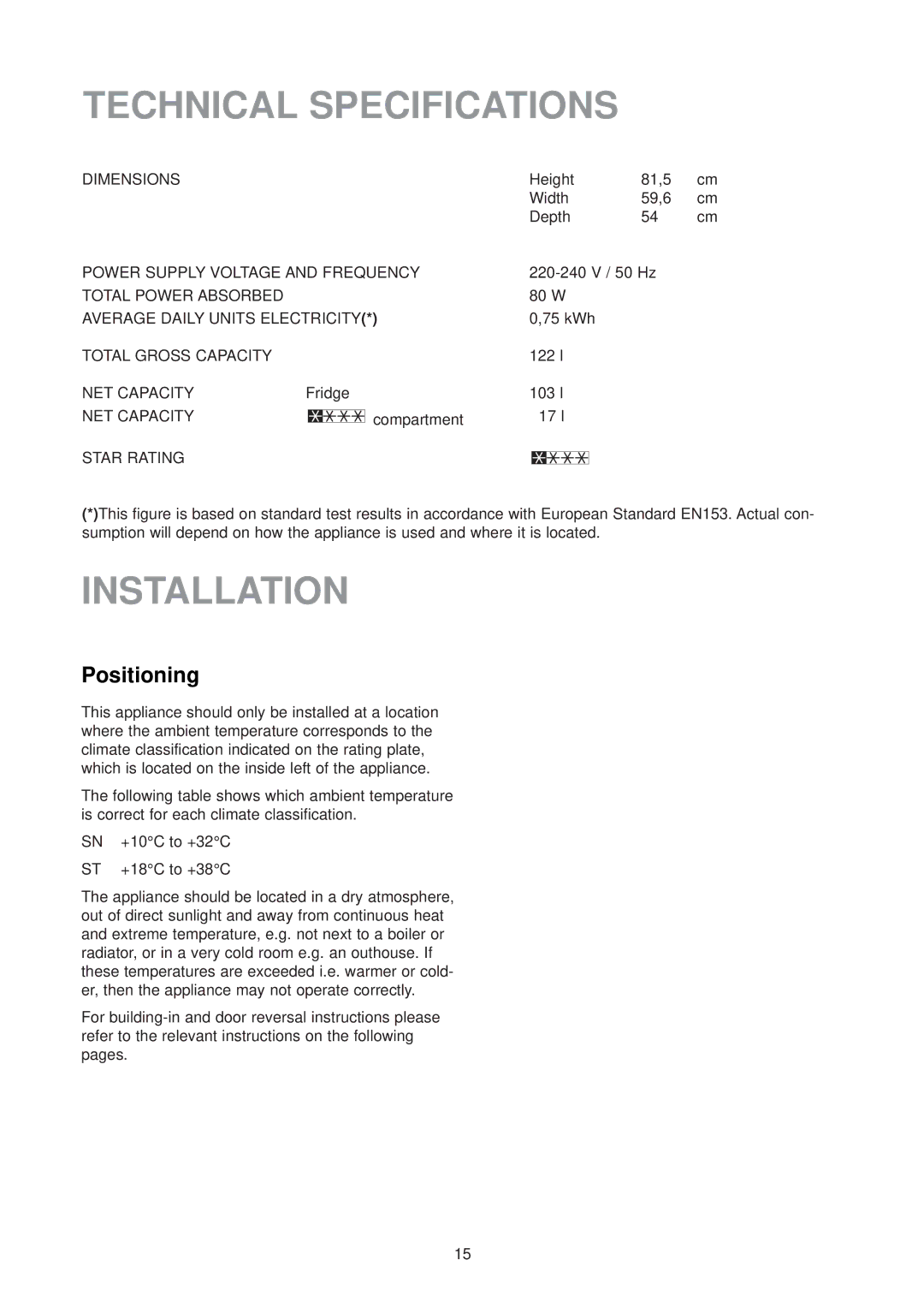 Electrolux ER 6334 U instruction manual Technical Specifications, Installation, Positioning 