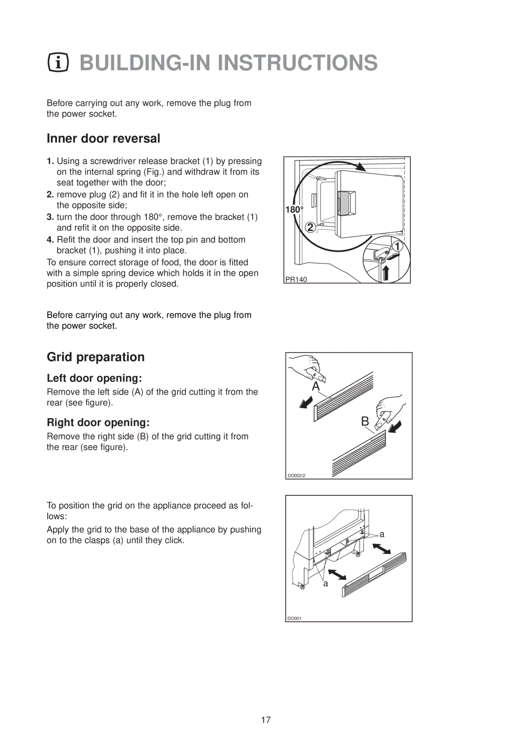 Electrolux ER 6334 U instruction manual BUILDING-IN Instructions, Inner door reversal, Grid preparation 