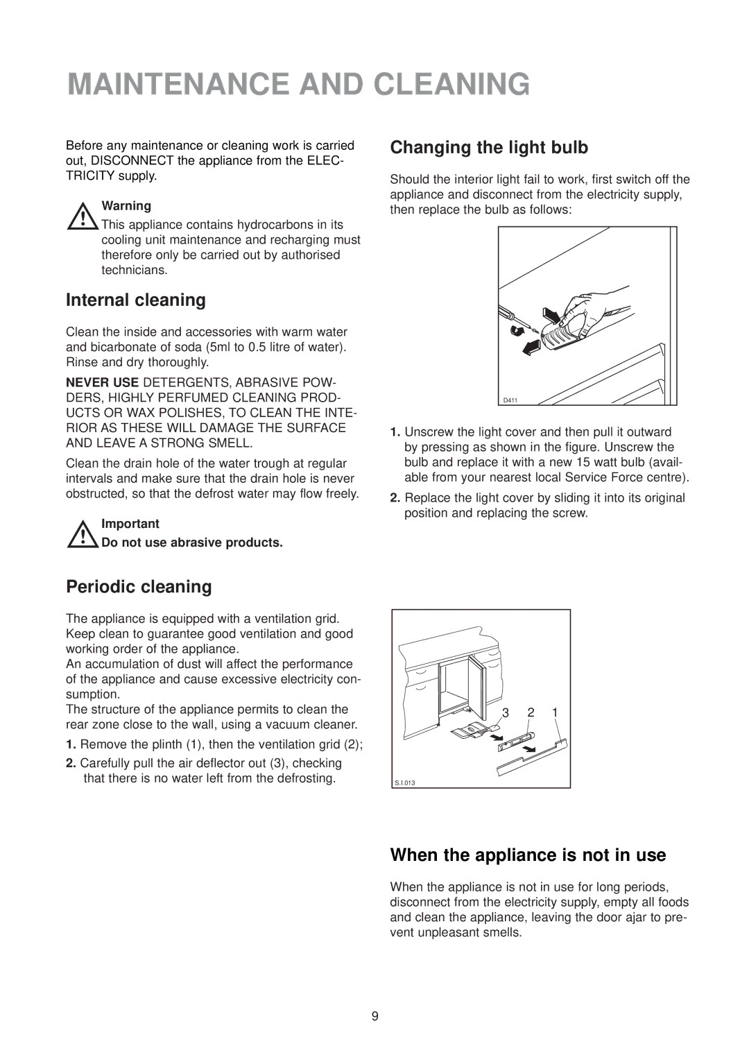 Electrolux ER 6334 U Maintenance and Cleaning, Internal cleaning, Changing the light bulb, Periodic cleaning 