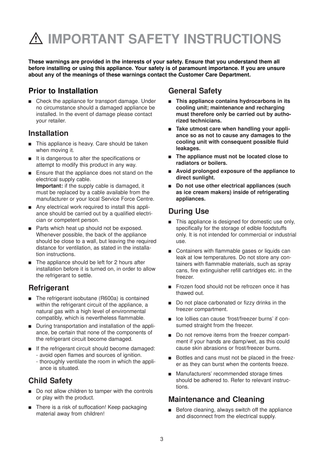 Electrolux ER 6336 U manual Important Safety Instructions, Prior to Installation, Refrigerant, Child Safety, General Safety 