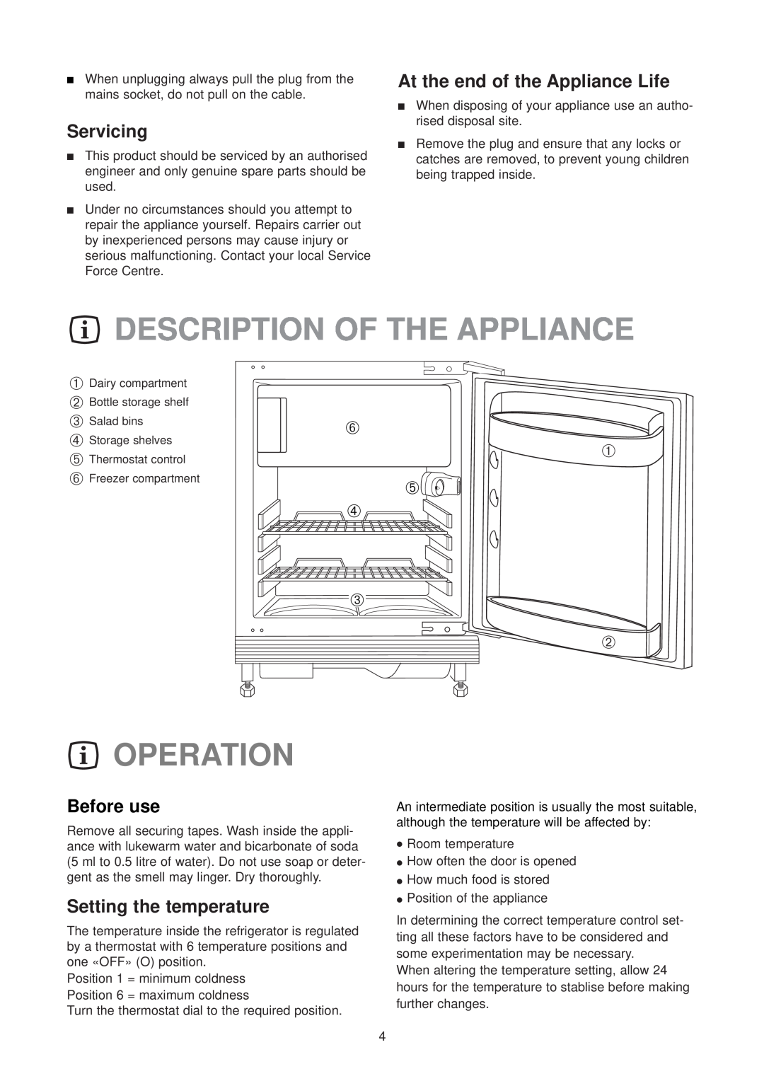 Electrolux ER 6336 U Description Of The Appliance, Operation, Servicing, At the end of the Appliance Life, Before use 