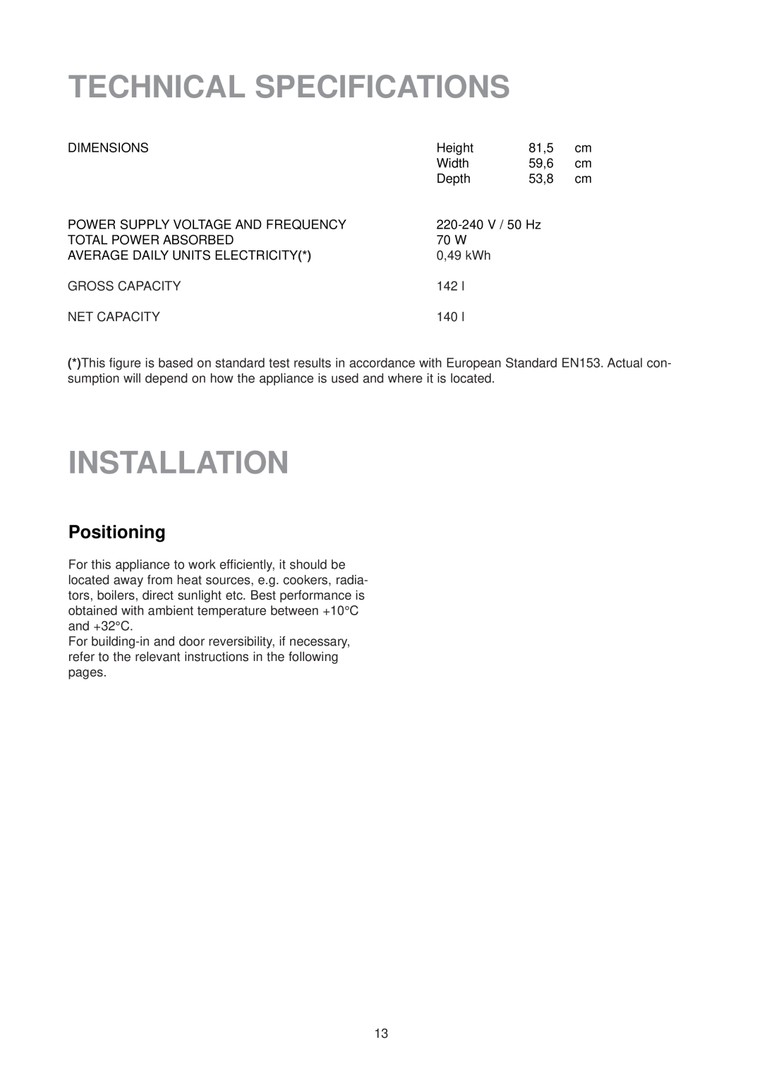Electrolux ER 6436 manual Technical Specifications, Installation, Positioning 