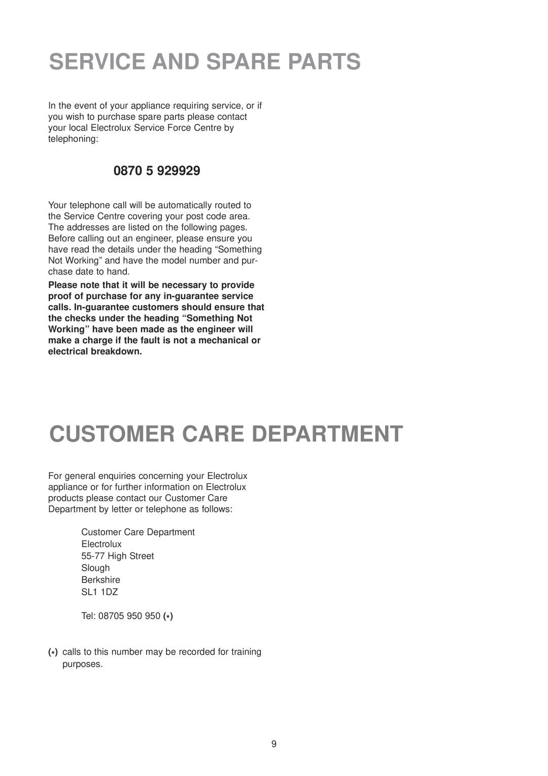 Electrolux ER 6436 manual Service And Spare Parts, Customer Care Department 