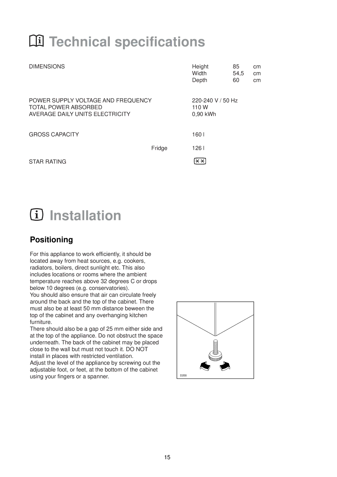 Electrolux ER 6624 manual Technical specifications, Installation, Positioning 