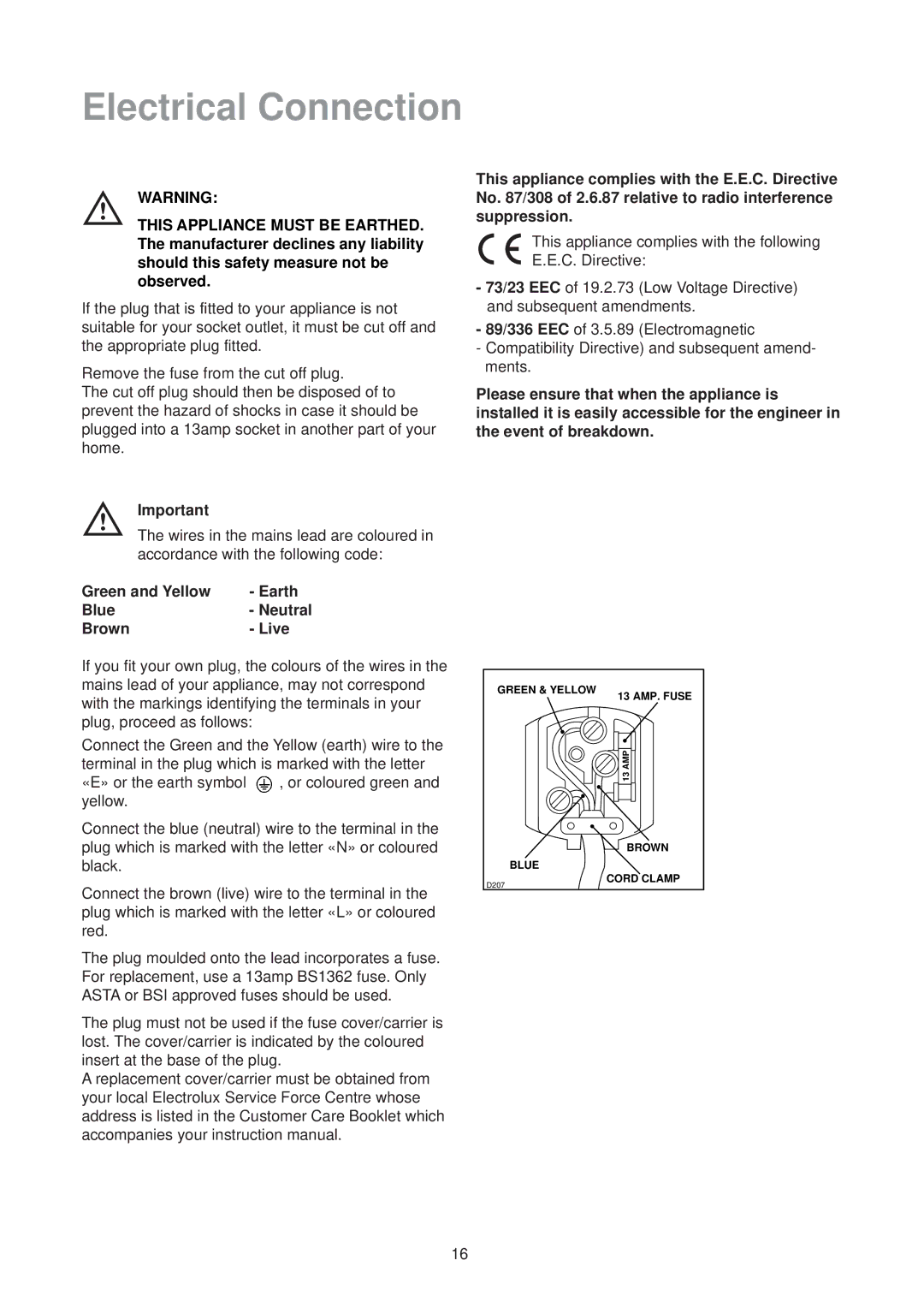 Electrolux ER 6624 manual Electrical Connection, Green and Yellow Earth Blue Neutral Brown Live 