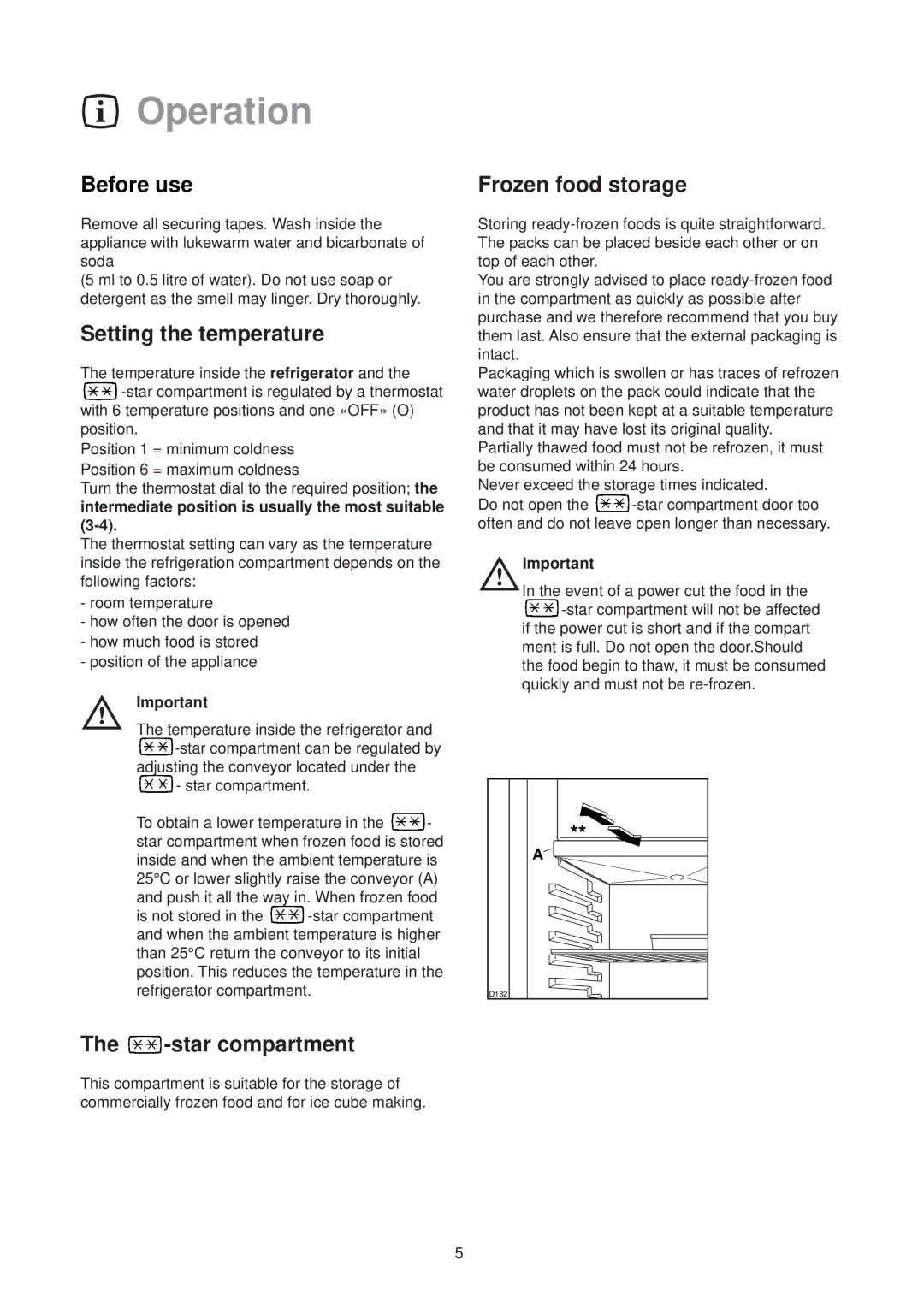 Electrolux ER 6624 manual Operation, Before use, Setting the temperature, star compartment, Frozen food storage 