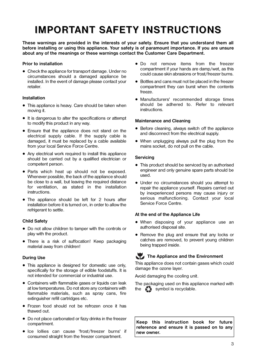 Electrolux ER 6642 T manual Installation, Child Safety, During Use, Maintenance and Cleaning, Servicing 