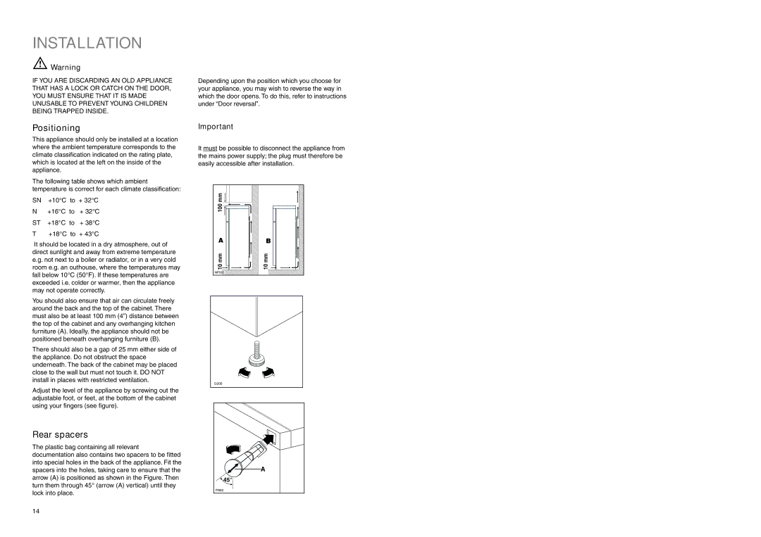 Electrolux ER 6822 D manual Installation, Positioning, Rear spacers 