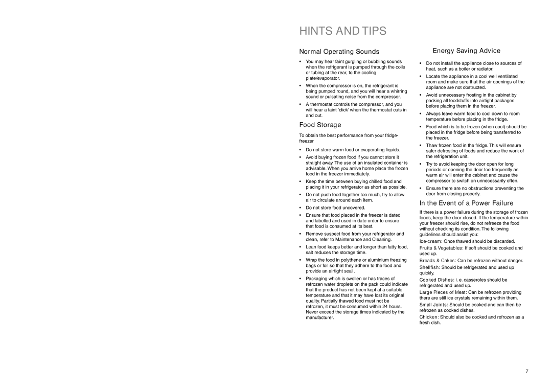 Electrolux ER 6822 D Hints and Tips, Normal Operating Sounds, Food Storage, Energy Saving Advice, Event of a Power Failure 