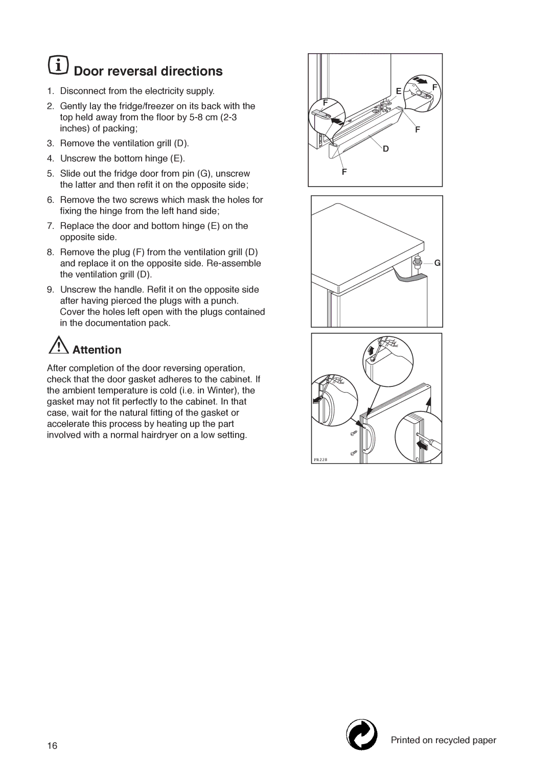 Electrolux ER 7428 C instruction manual Door reversal directions 