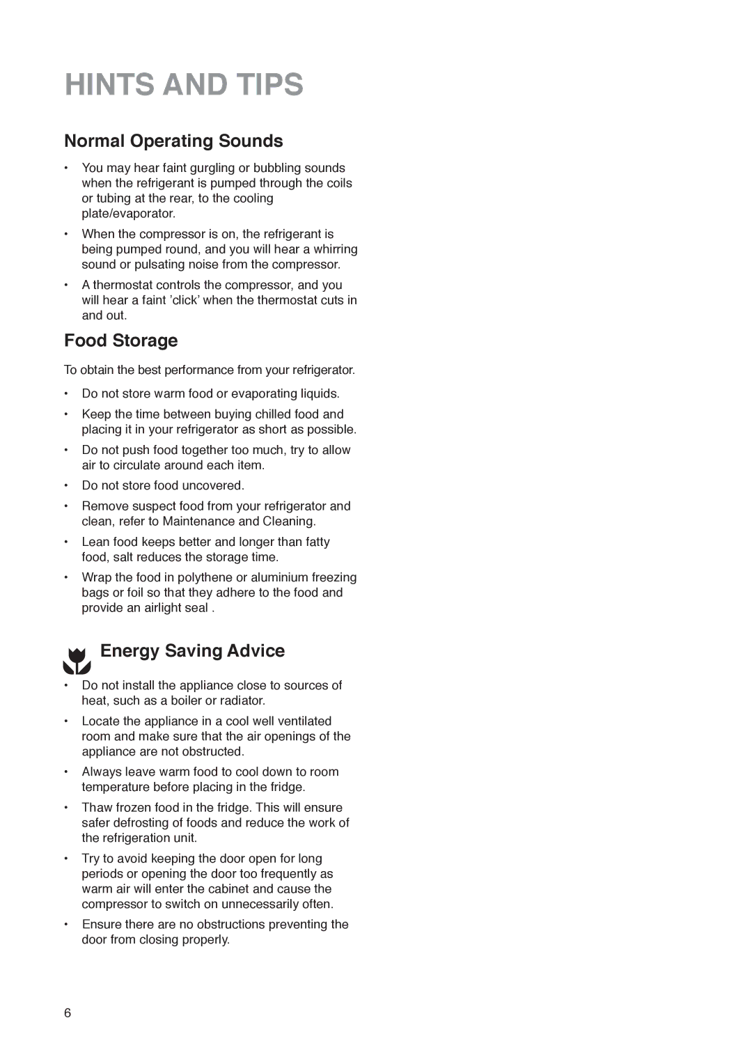 Electrolux ER 7428 C instruction manual Hints and Tips, Normal Operating Sounds, Food Storage, Energy Saving Advice 