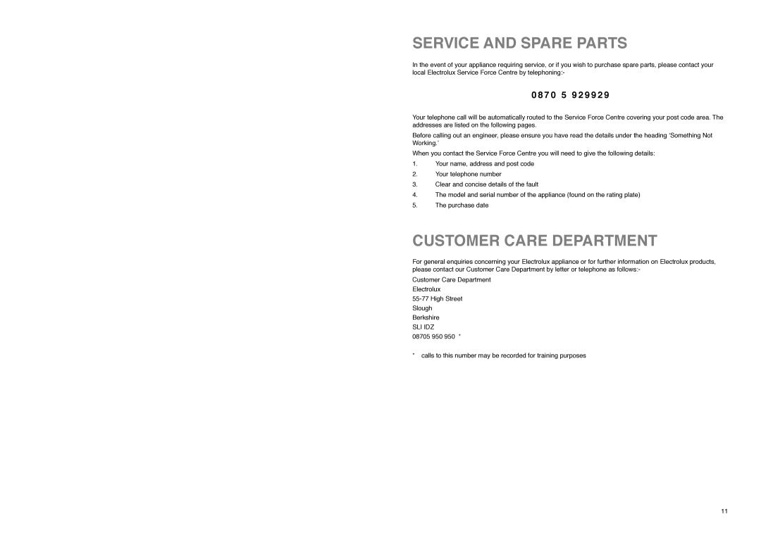 Electrolux ER 7521 B manual Service and Spare Parts, Customer Care Department, 7 0 5 9 2 9 9 2 