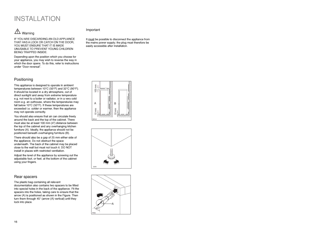 Electrolux ER 7521 B manual Installation, Positioning, Rear spacers 