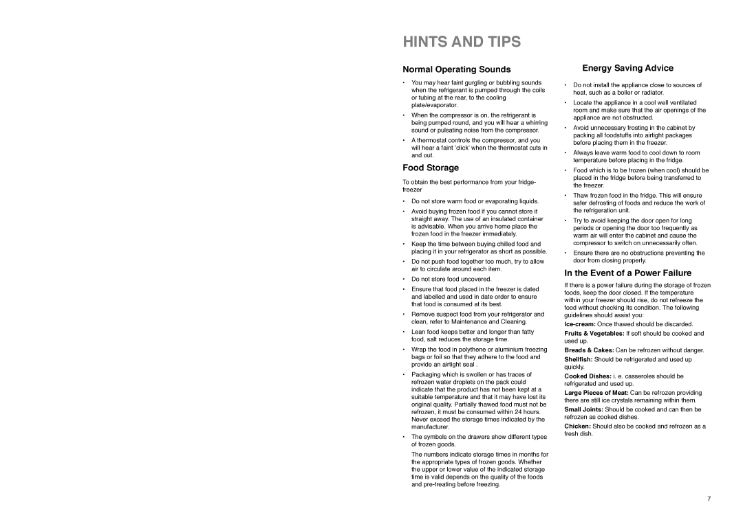 Electrolux ER 7521 B Hints and Tips, Normal Operating Sounds, Food Storage, Energy Saving Advice, Event of a Power Failure 