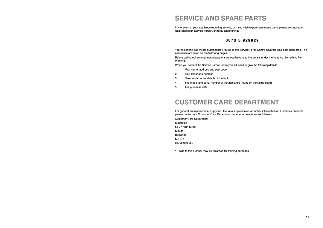 Electrolux ER 7521 B manual Service And Spare Parts, Customer Care Department, 0 8 7 0 5 9 2 9 9 2 