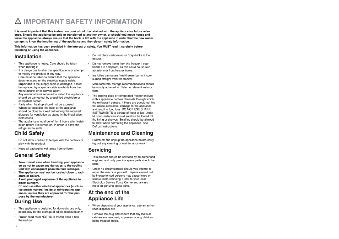Electrolux ER 7521 B manual Important Safety Information, Installation, Child Safety, General Safety, During Use, Servicing 