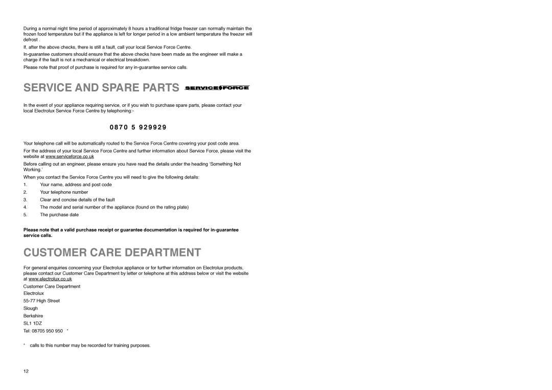 Electrolux ER 7525 B manual Service and Spare Parts, Customer Care Department, 7 0 5 9 2 9 9 2 