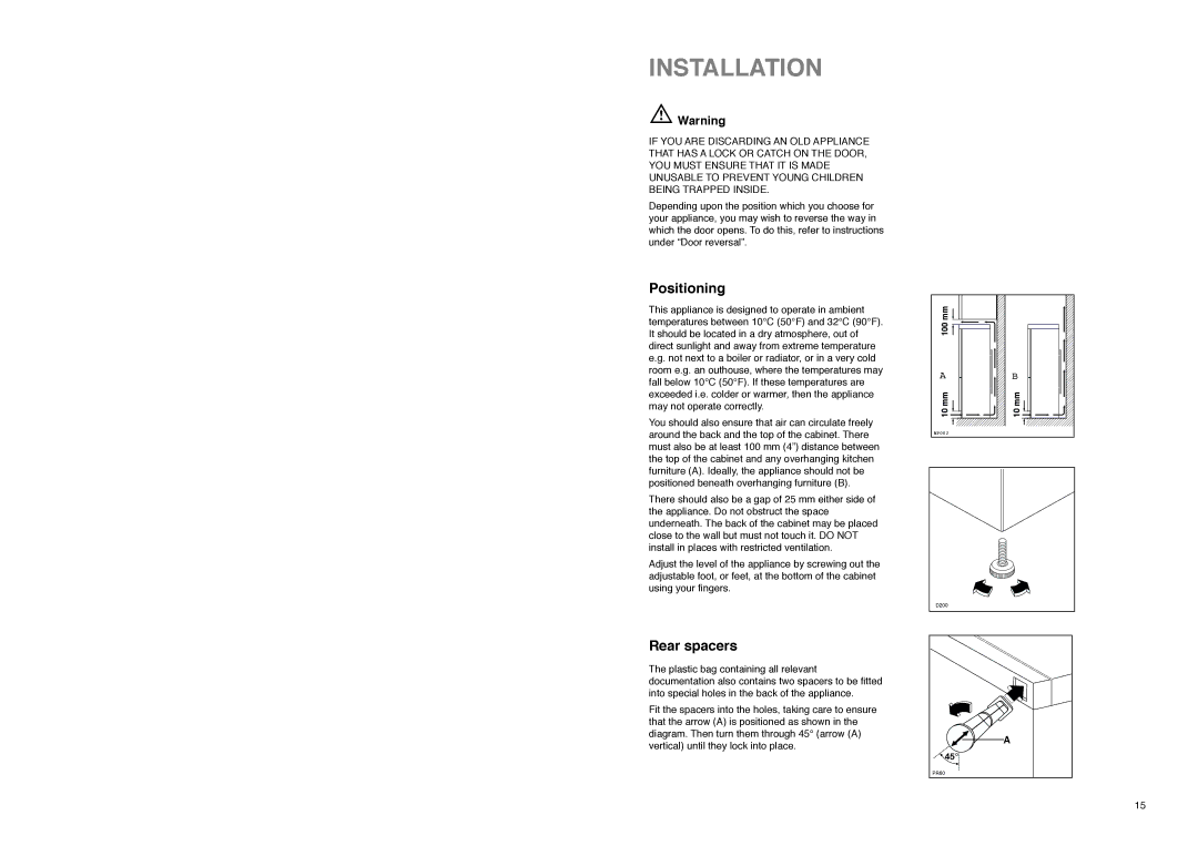 Electrolux ER 7525 B manual Installation, Positioning, Rear spacers 